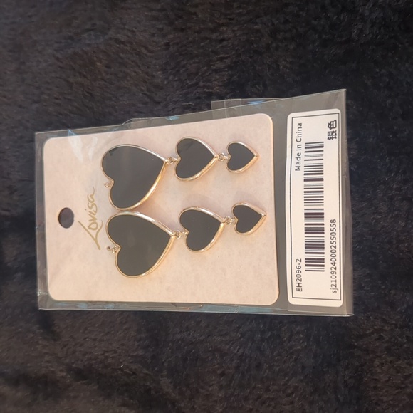Lovisa Black & Gold Tiered Hearts Enamel Statement Dangle Drop Earrings New - Picture 2 of 8